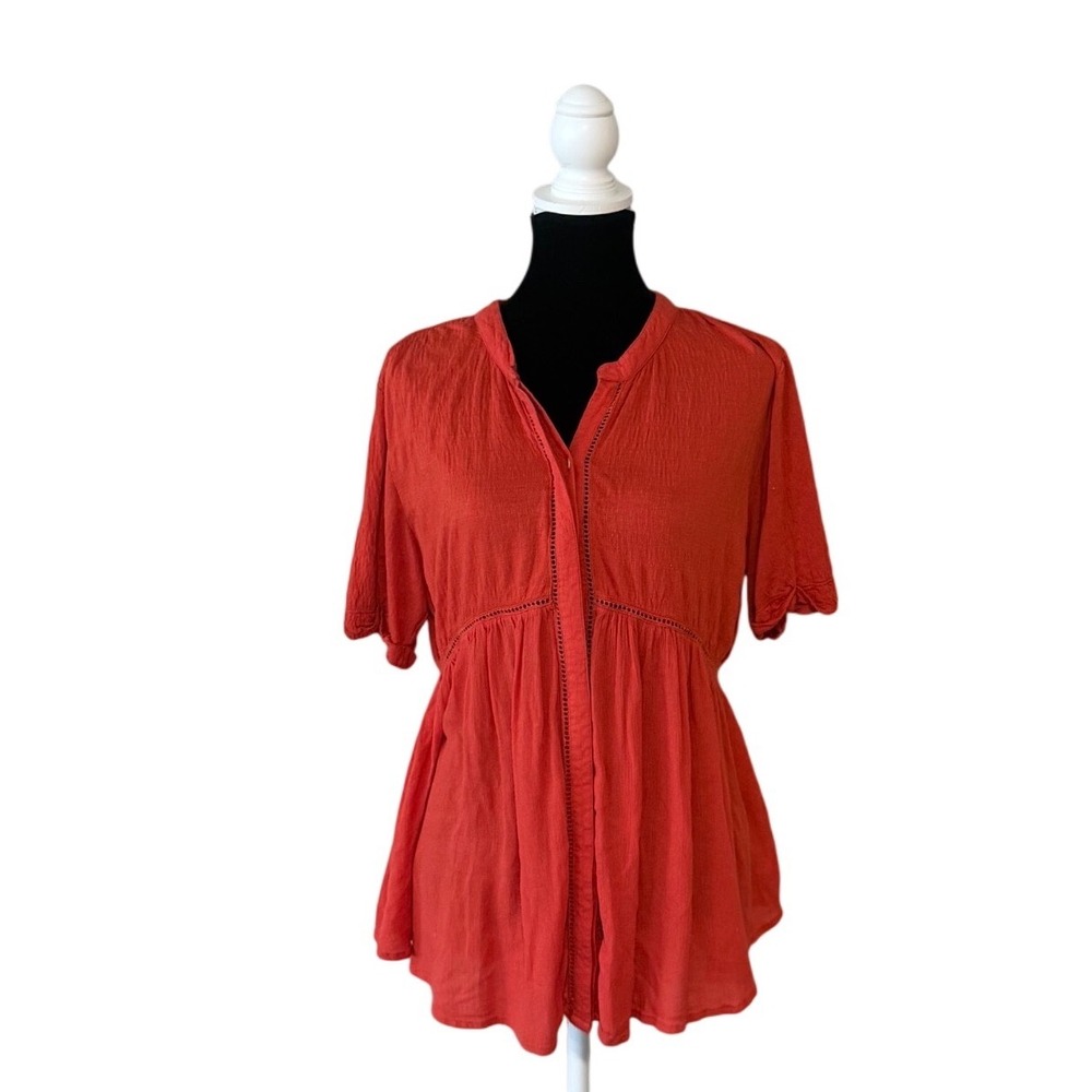 Akemi + Kin Anthropologie Boho Babydoll Peplum‎ Top Orange Red Crochet Trim M